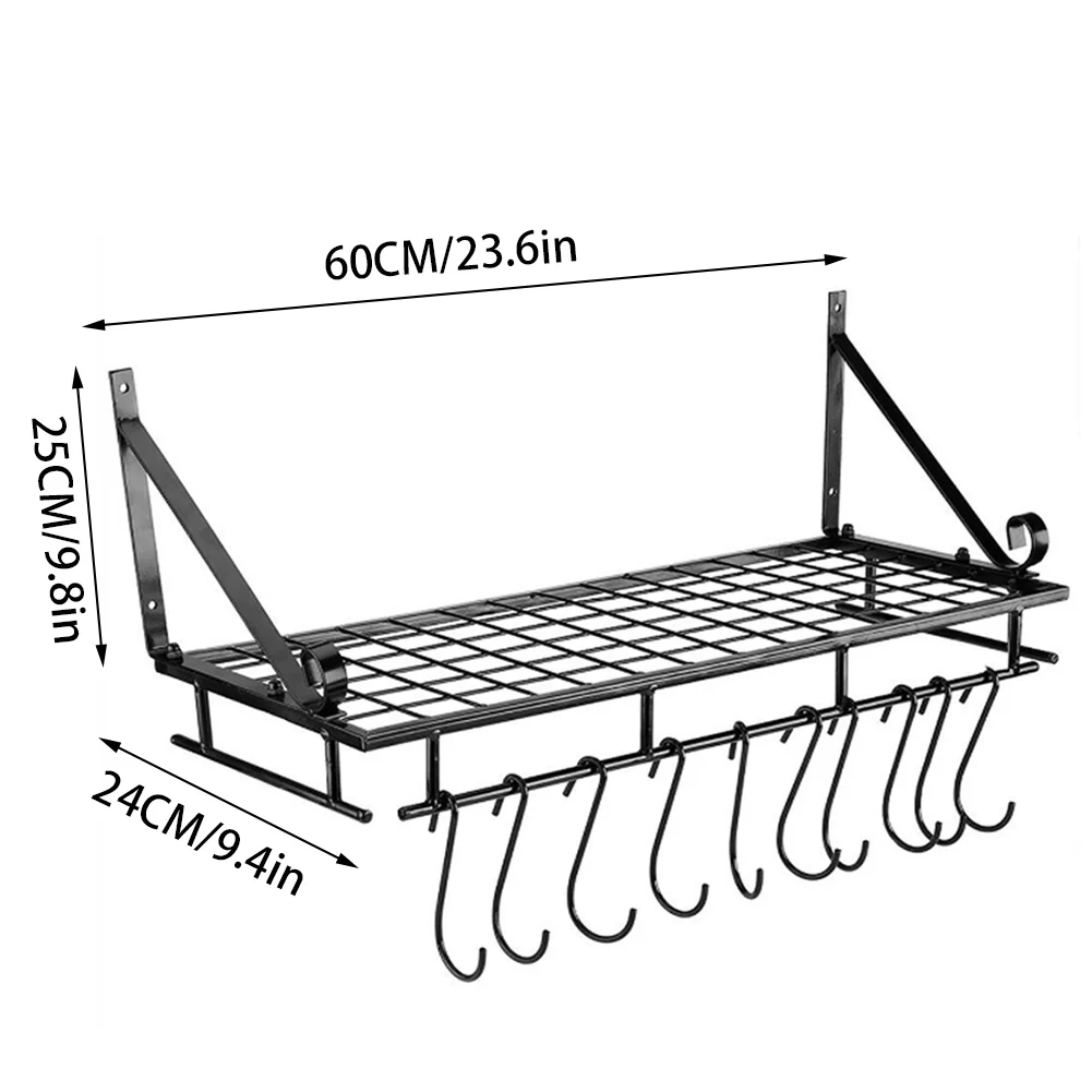 Lifeideas Kitchen Metal Shelves Saucepan Pan Pot Rack Storage Shelf with 10 Hooks Wall Mounted - Image 3