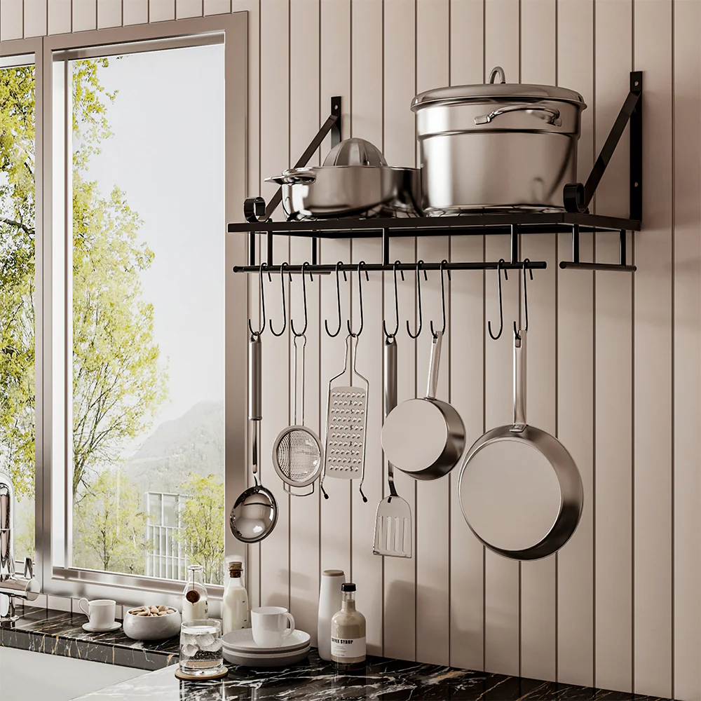 Lifeideas Kitchen Metal Shelves Saucepan Pan Pot Rack Storage Shelf with 10 Hooks Wall Mounted - Image 2