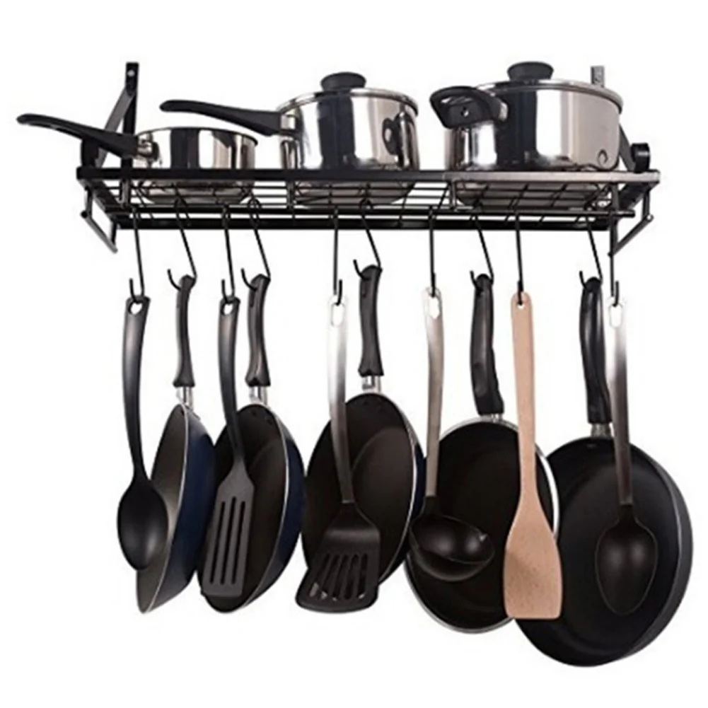 Lifeideas Kitchen Metal Shelves Saucepan Pan Pot Rack Storage Shelf with 10 Hooks Wall Mounted - Image 3