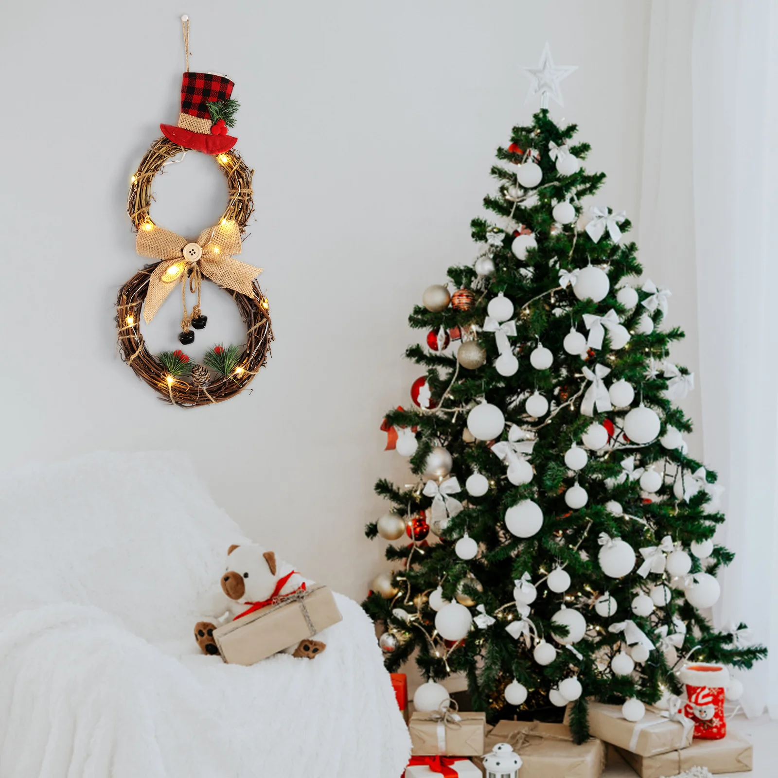 Lifeideas Lighted Snowman with Hat Wreath Front Door Decor - Image 2