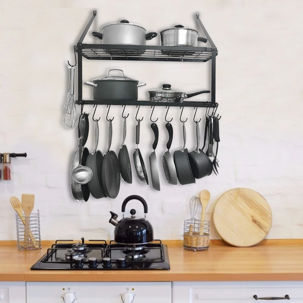 Lifeideas Wall-Mounted 2 Tiers Pan Rack Pot Holders Storage With 10 Hooks Black - Image 2