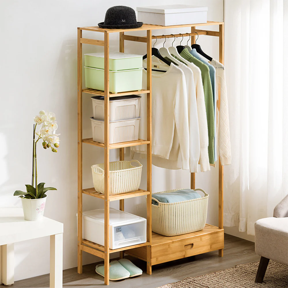 Lifeideas Wooden Clothes Rack with Hooks and Drawer - Image 2