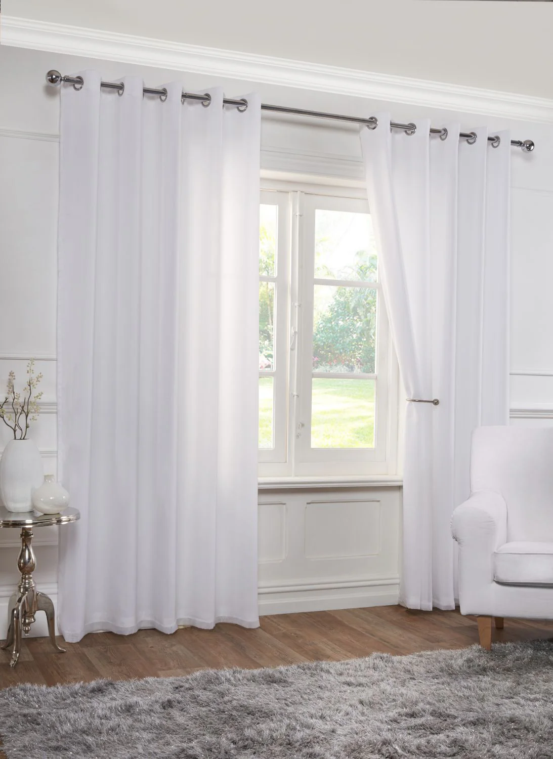 Lined Eyelet Voile Curtain Pair in White 66x72