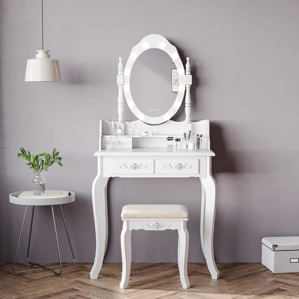 Livingandhome 4 Drawers Dressing Table with Lighted Mirror & Stool Set - Image 2