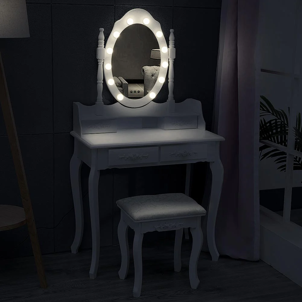 Livingandhome 4 Drawers Dressing Table with Lighted Mirror & Stool Set - Image 4