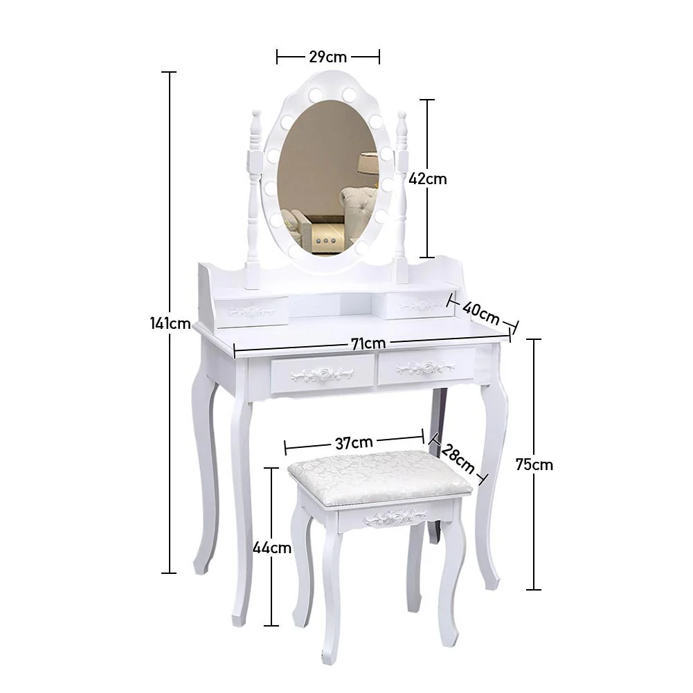 Livingandhome 4 Drawers Dressing Table with Lighted Mirror & Stool Set - Image 6