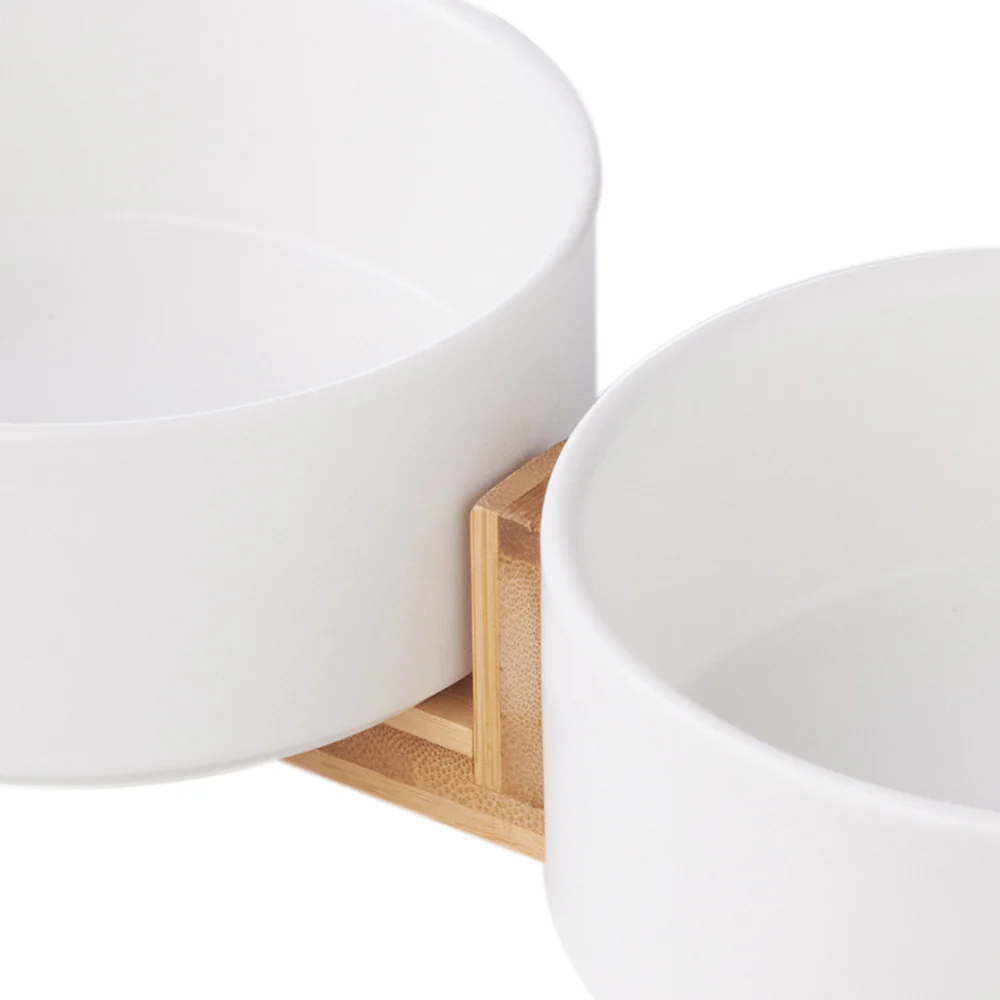 Livingandhome Bamboo Double Ceramic Bowls Pet Feeder - Image 3
