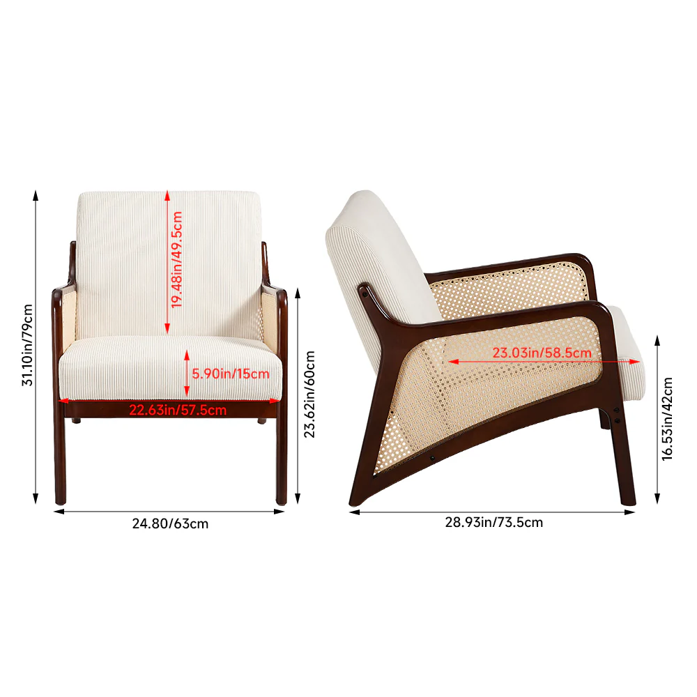 Livingandhome Corduroy Armchair with Rattan Armrest - Image 6