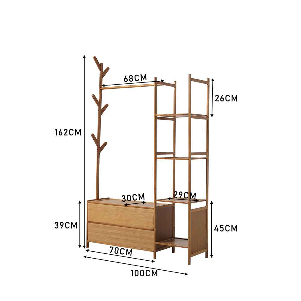 Livingandhome Freestanding Bamboo Clothes Rack with Storage Shelves - Image 2