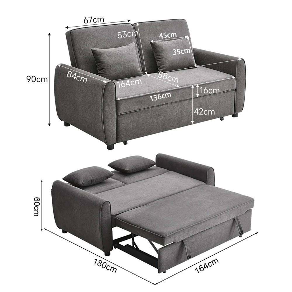 Livingandhome Grey Convertible Sofa Bed with 2 Pillows - Image 6