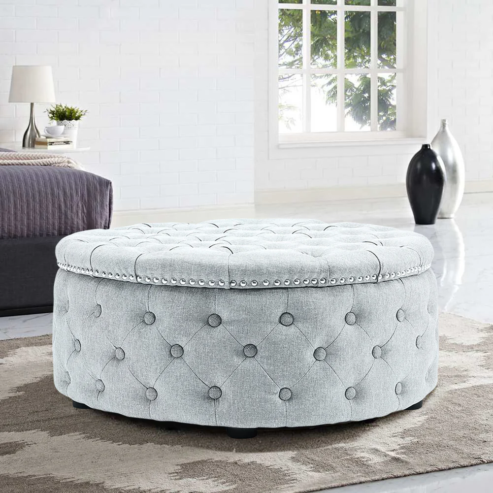 Livingandhome Grey Linen Round Ottoman with Studded Edge - Image 2