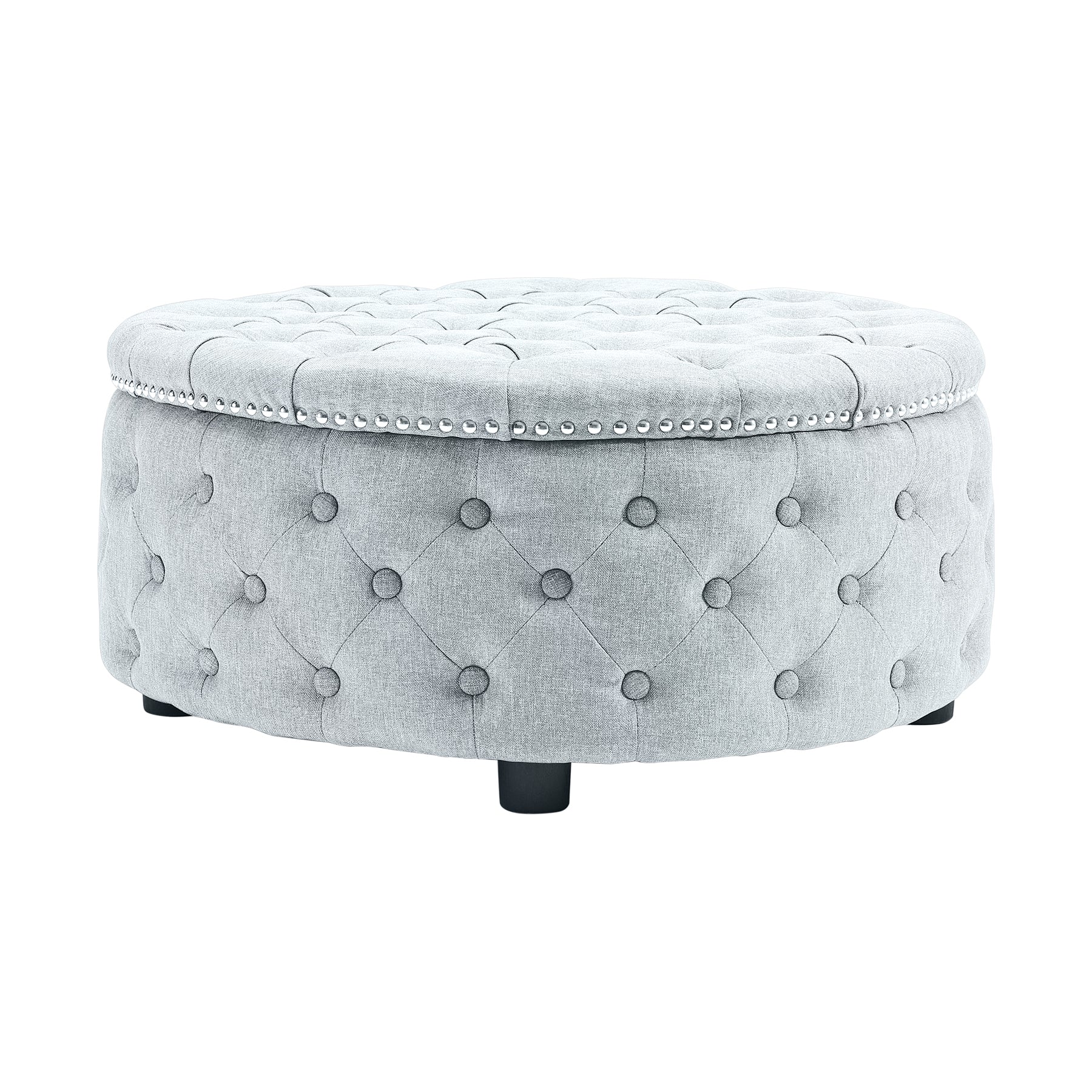 Livingandhome Grey Linen Round Ottoman with Studded Edge - Image 3