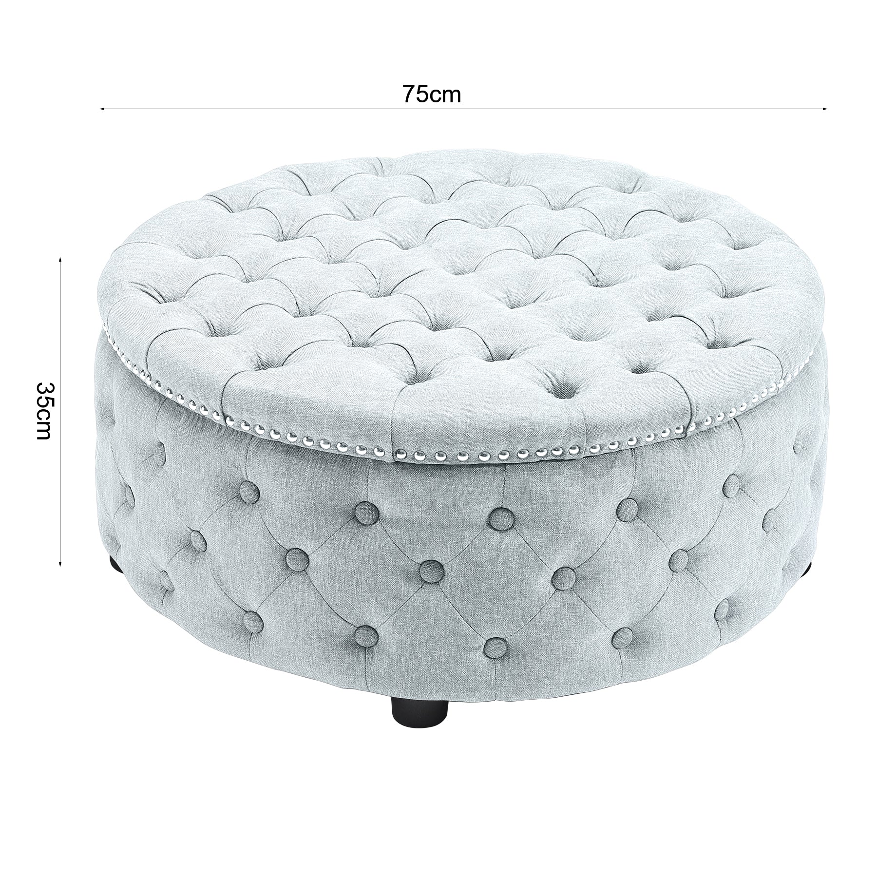Livingandhome Grey Linen Round Ottoman with Studded Edge - Image 4