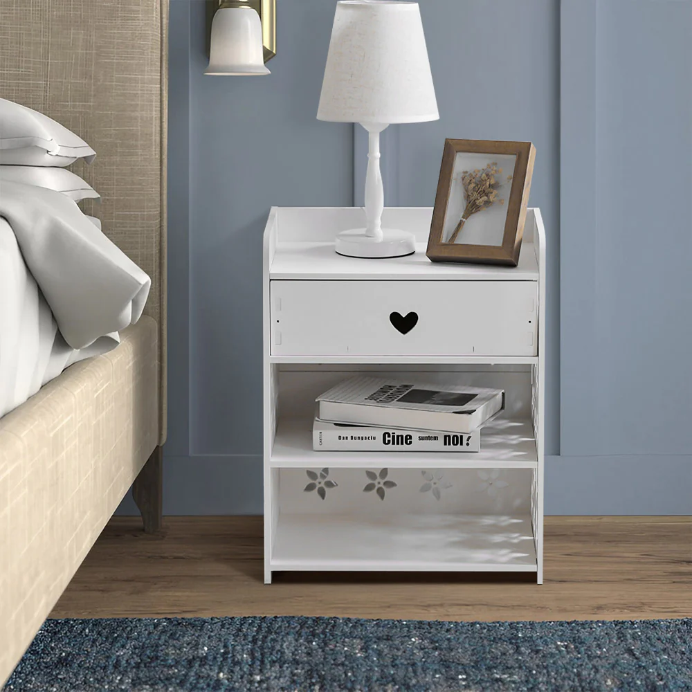 Livingandhome Hollow Carved Flower Pattern Side Table Nightstand with Drawer for Bedroom