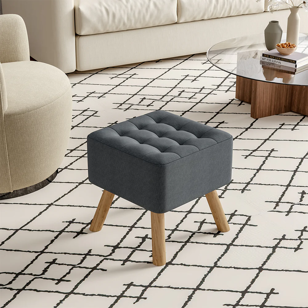 Livingandhome Padded Linen Footrest with Solid Wood Base