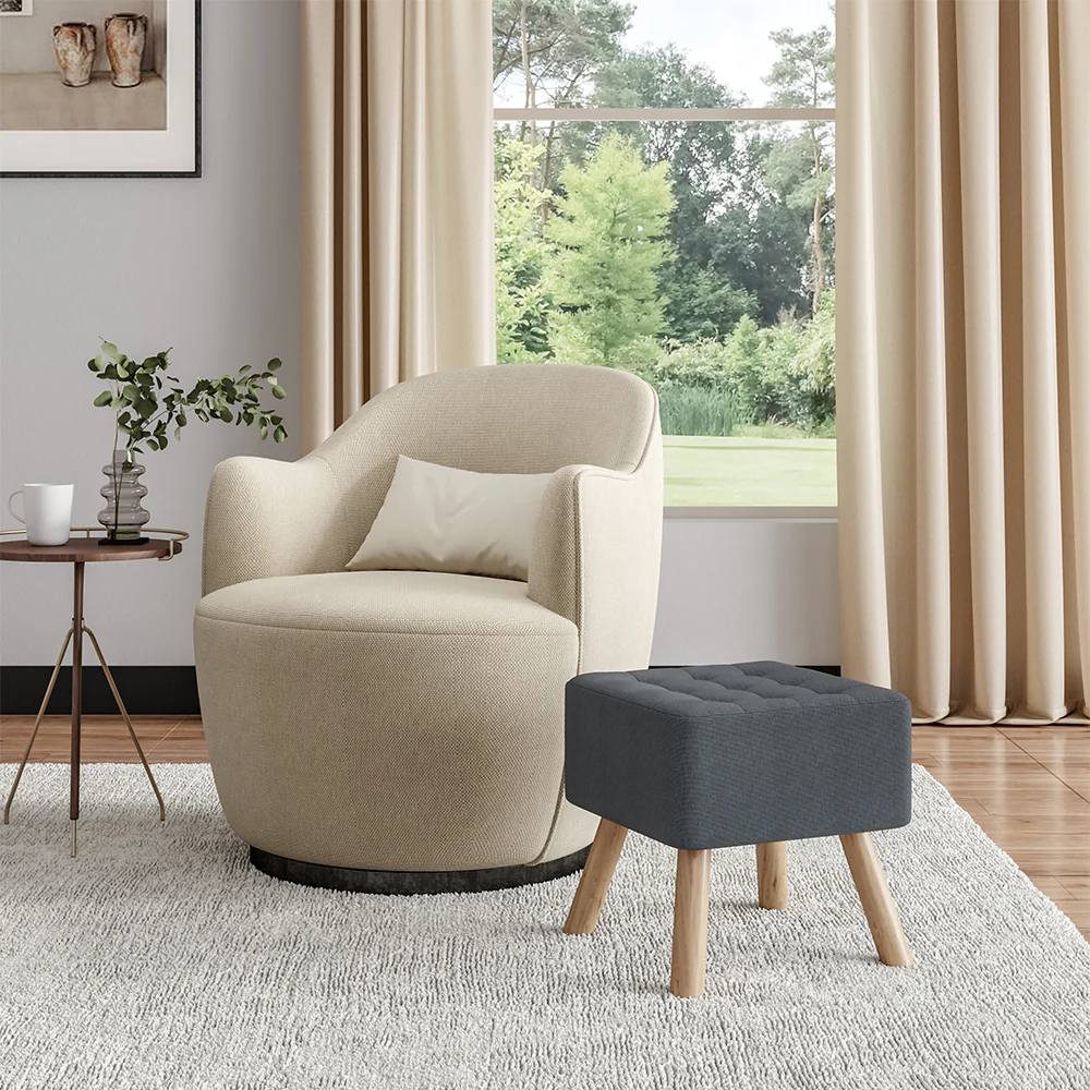 Livingandhome Padded Linen Footrest with Solid Wood Base - Image 2