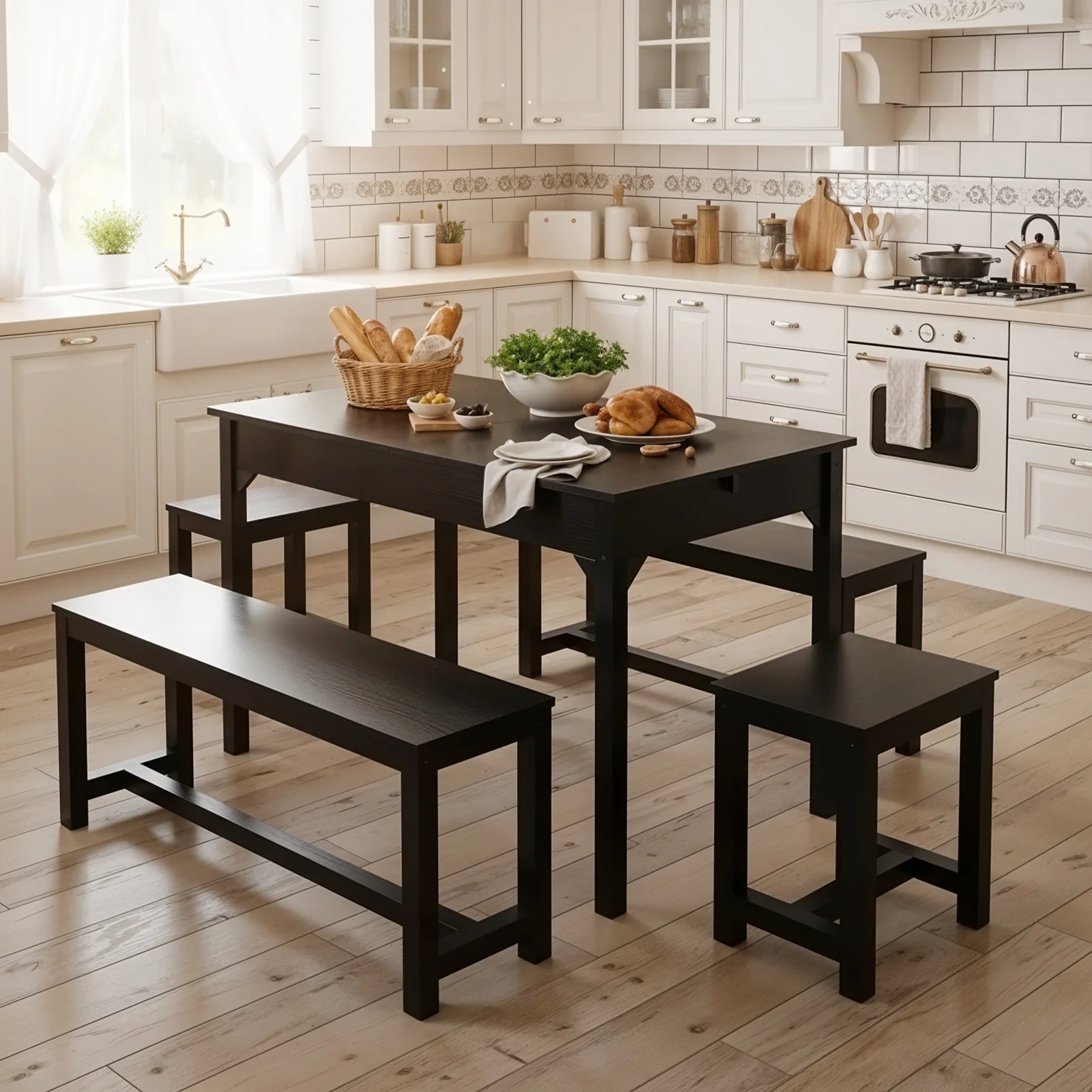 Livingandhome Rectangular Extendable Dining Set with Stools - Image 2