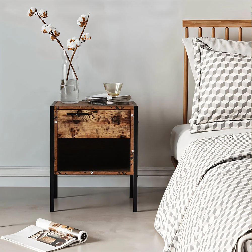 Livingandhome Retro Industrial-style Bedside Table Nightstand with Drawer & Open Front Storage Compartment