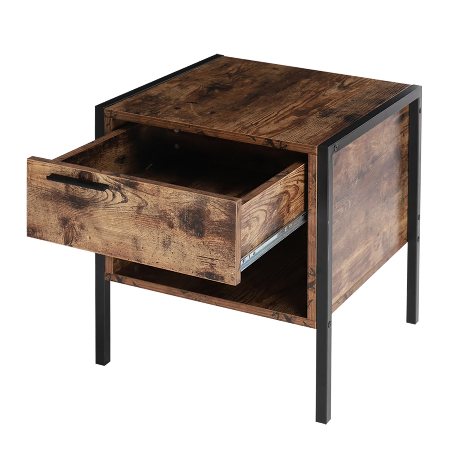 Livingandhome Retro Industrial-style Bedside Table Nightstand with Drawer & Open Front Storage Compartment - Image 5