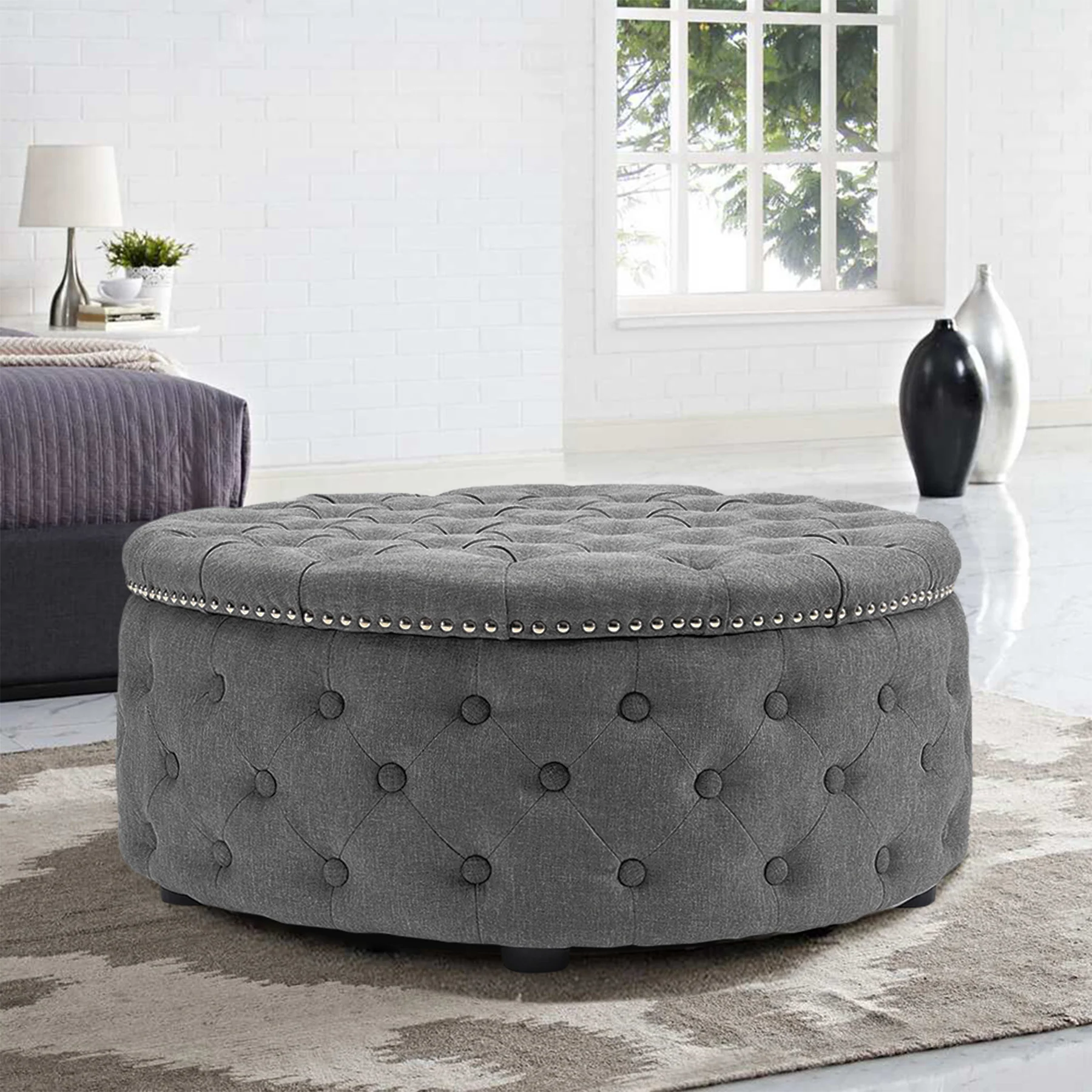 Livingandhome Round Linen Ottoman with Rubberwood Legs - Image 2