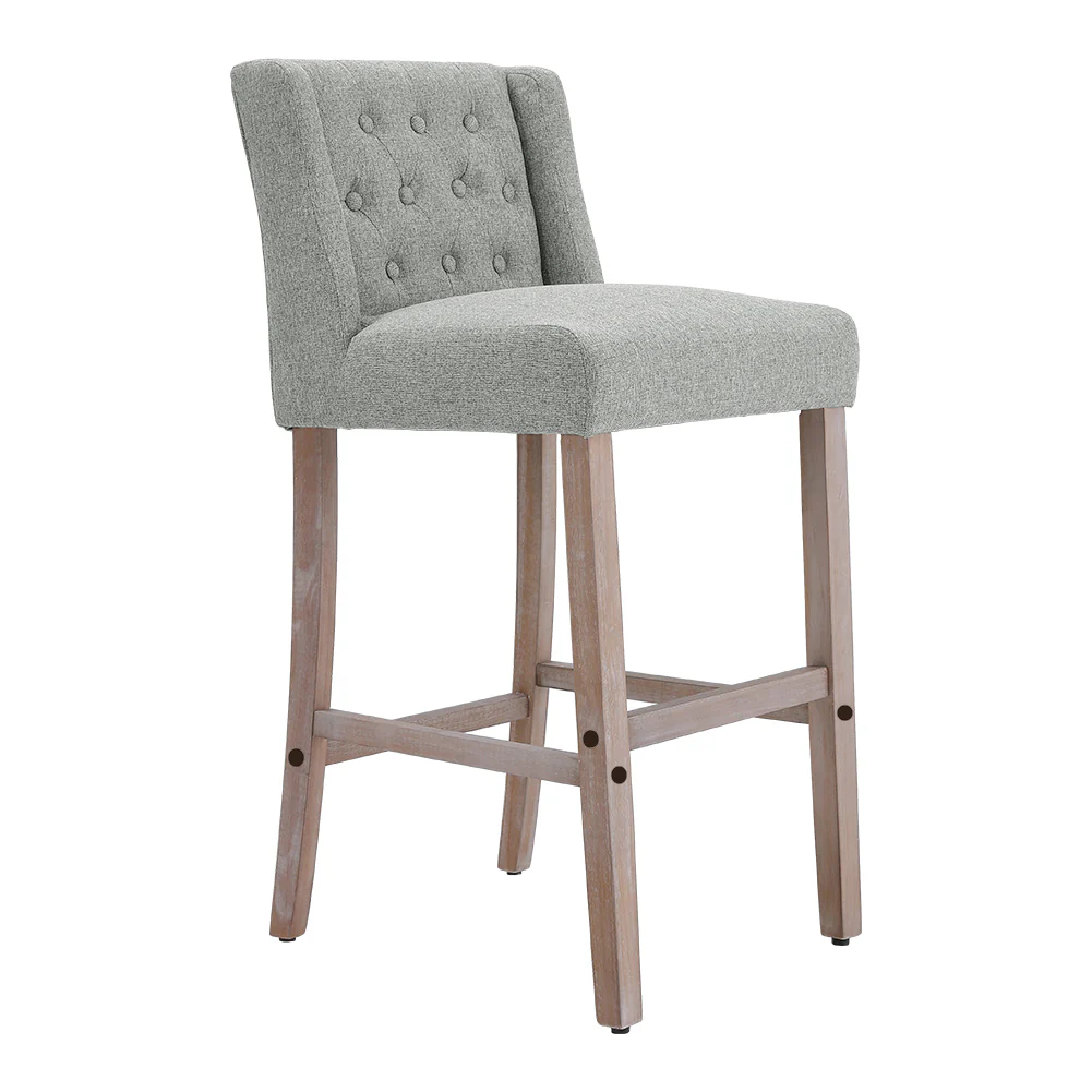 Livingandhome Rustic Set of 2 Bar Stools Linen Tufted with Wood Legs - Image 4