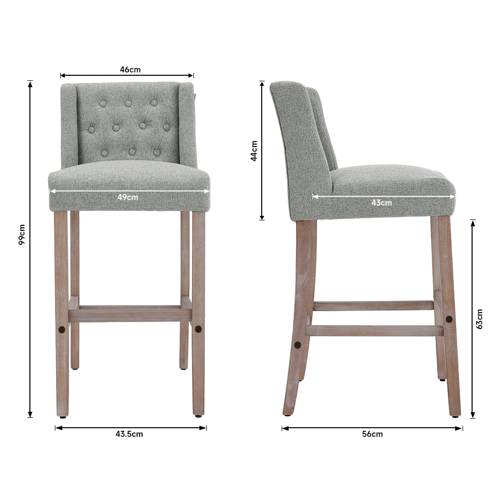 Livingandhome Rustic Set of 2 Bar Stools Linen Tufted with Wood Legs - Image 7