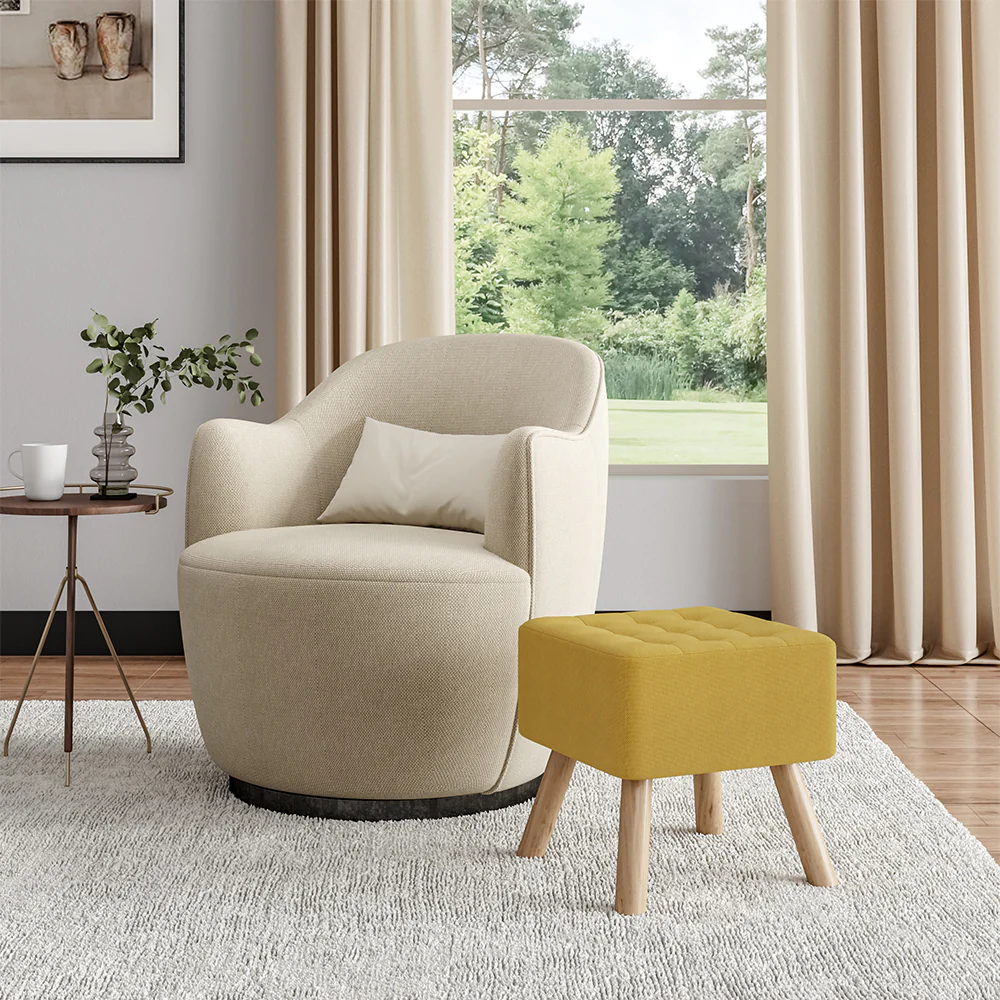 Livingandhome Square Linen Footstool with Pine Legs - Image 2