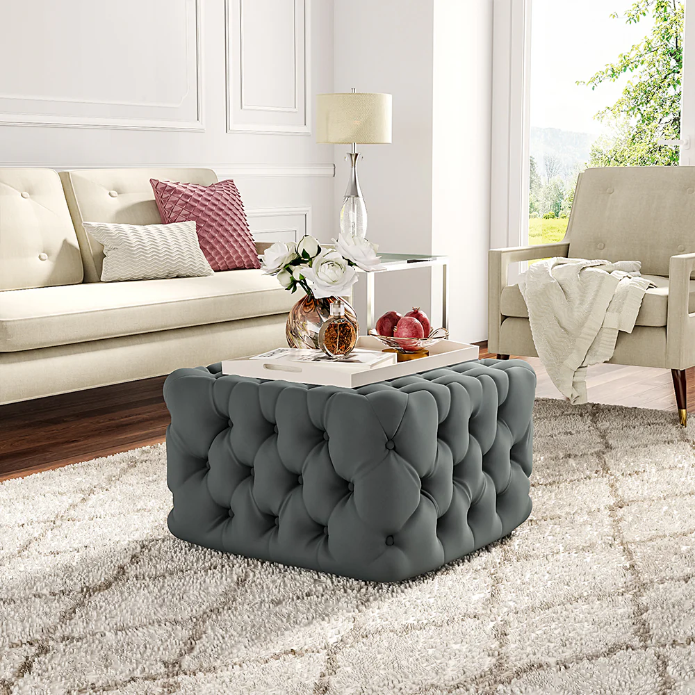 Livingandhome Square Velvet Footstool with Buttons - Image 2