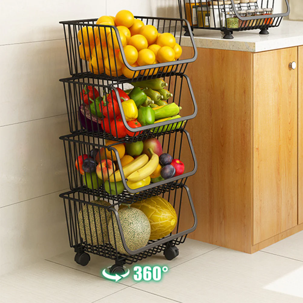 Livingandhome Stackable Rolling Metal Wire Basket Trolley Rack Fruit Vegetable Storage Holder For Kitchen - Image 4