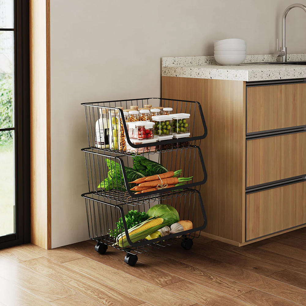 Livingandhome Stackable Rolling Metal Wire Basket Trolley Rack Fruit Vegetable Storage Holder For Kitchen