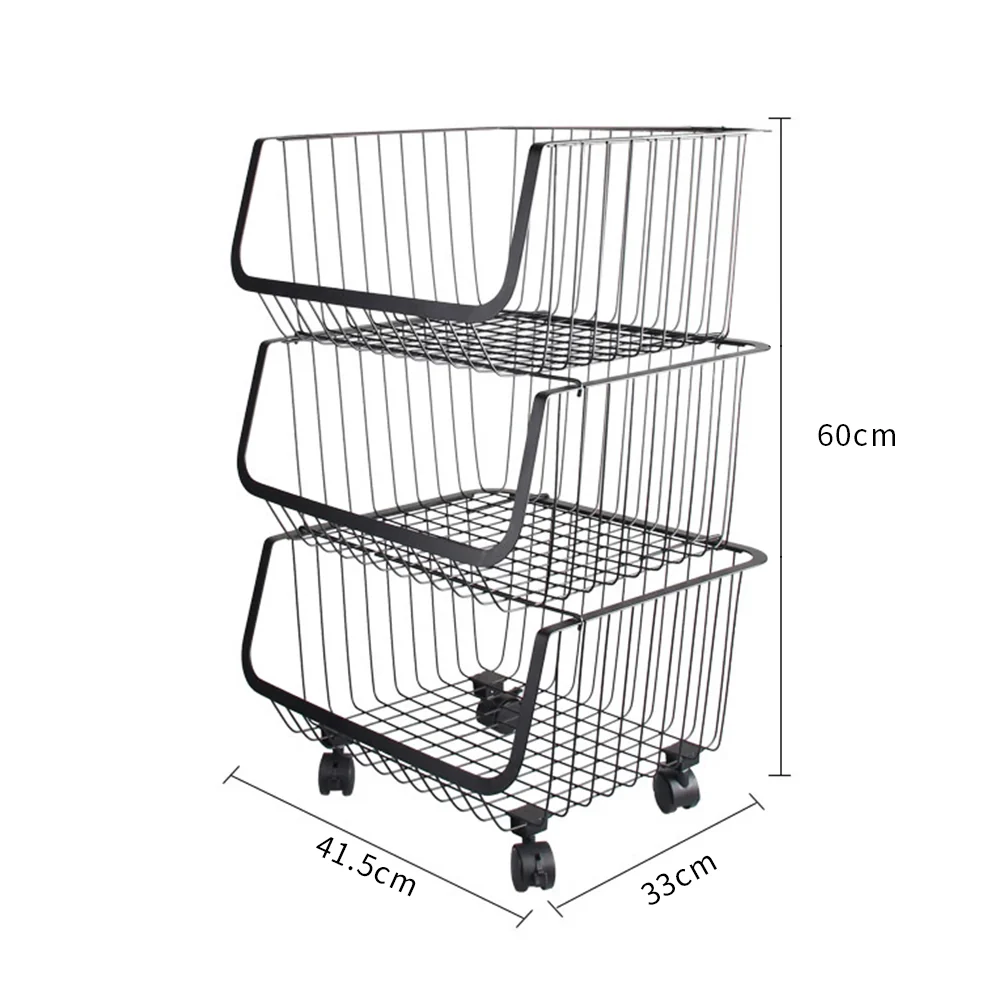 Livingandhome Stackable Rolling Metal Wire Basket Trolley Rack Fruit Vegetable Storage Holder For Kitchen - Image 2