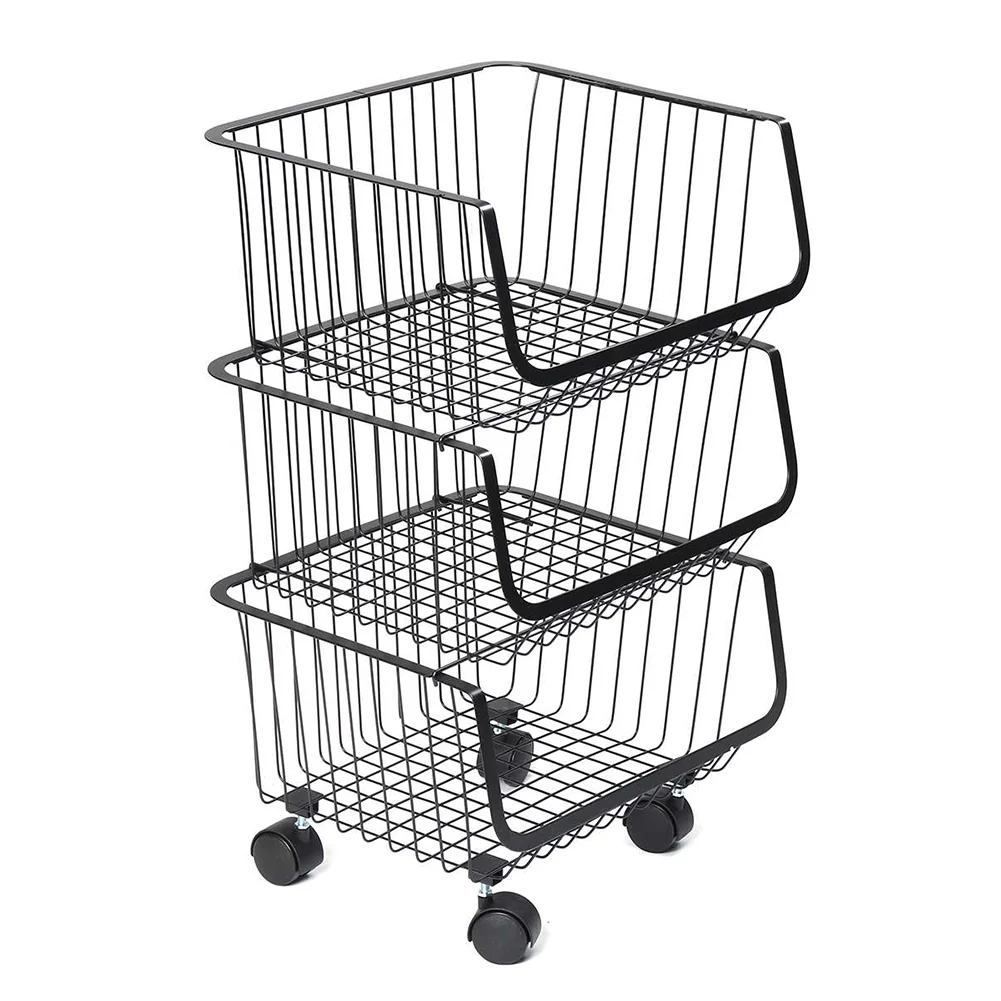 Livingandhome Stackable Rolling Metal Wire Basket Trolley Rack Fruit Vegetable Storage Holder For Kitchen - Image 3