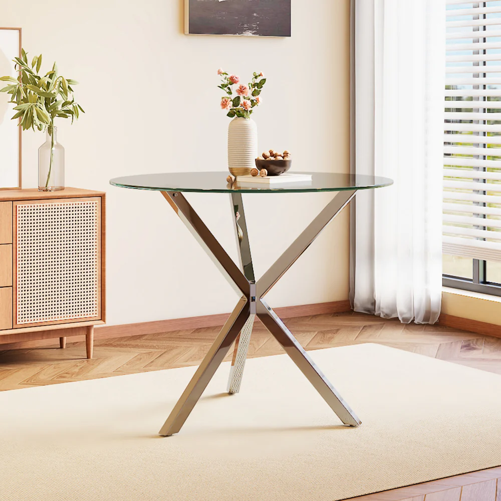 Livingandhome Stylish Round Glass Dining Table With Metal Base