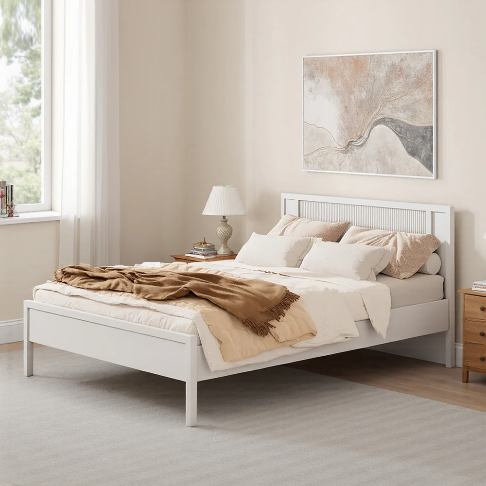Livingandhome White Slatted Wooden Bed Frame