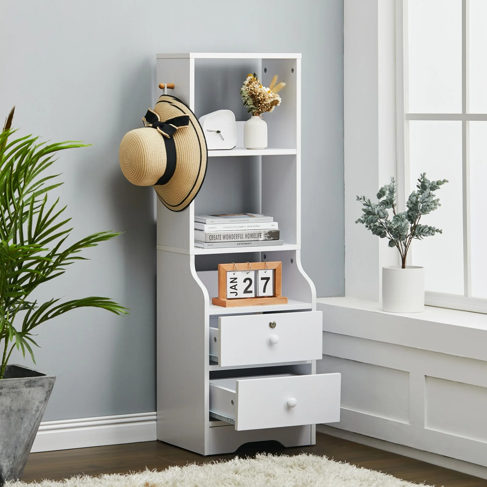 Livingandhome White Slim Storage Shelving Unit with Lockable Drawer - Image 2