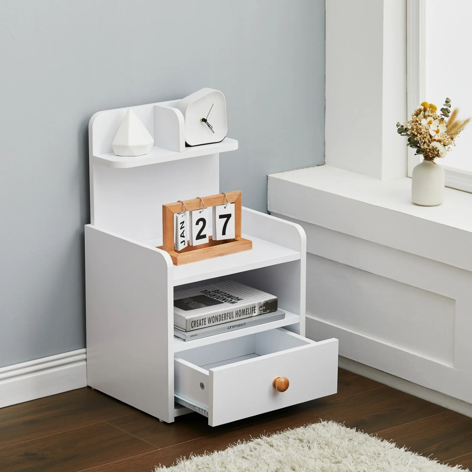 Livingandhome Wooden 1-Drawer Bedside Table Nightstand with a Shelf - Image 2