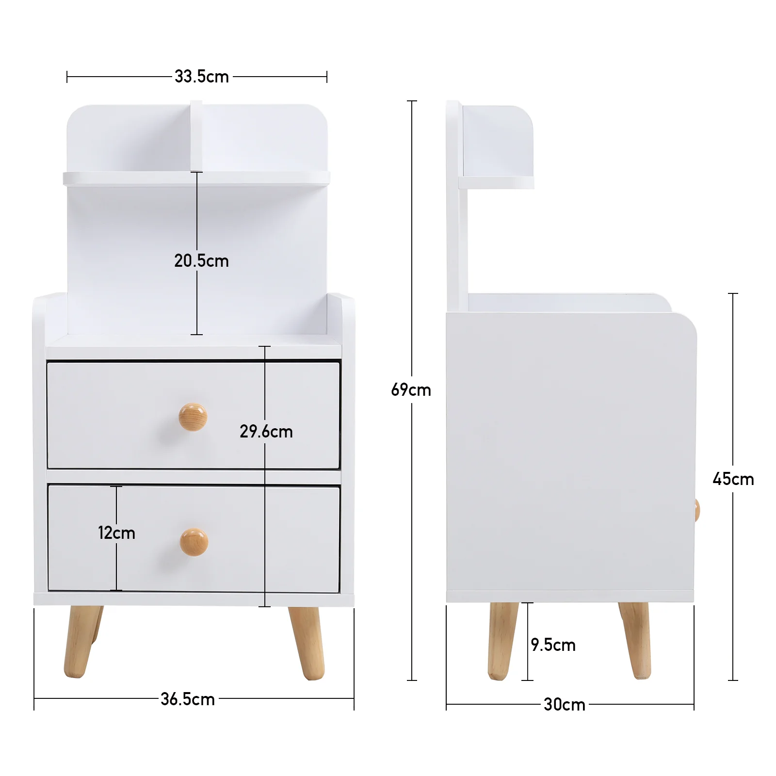 Livingandhome Wooden 2-Drawer Bedside Table Nightstand with a Shelf and Wooden Legs - Image 9