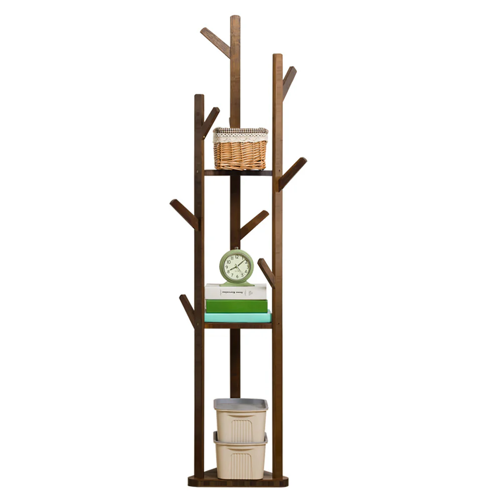 Livingandhome Wooden Coat Rack Stand with 3 Shelves for Entryway - Image 2