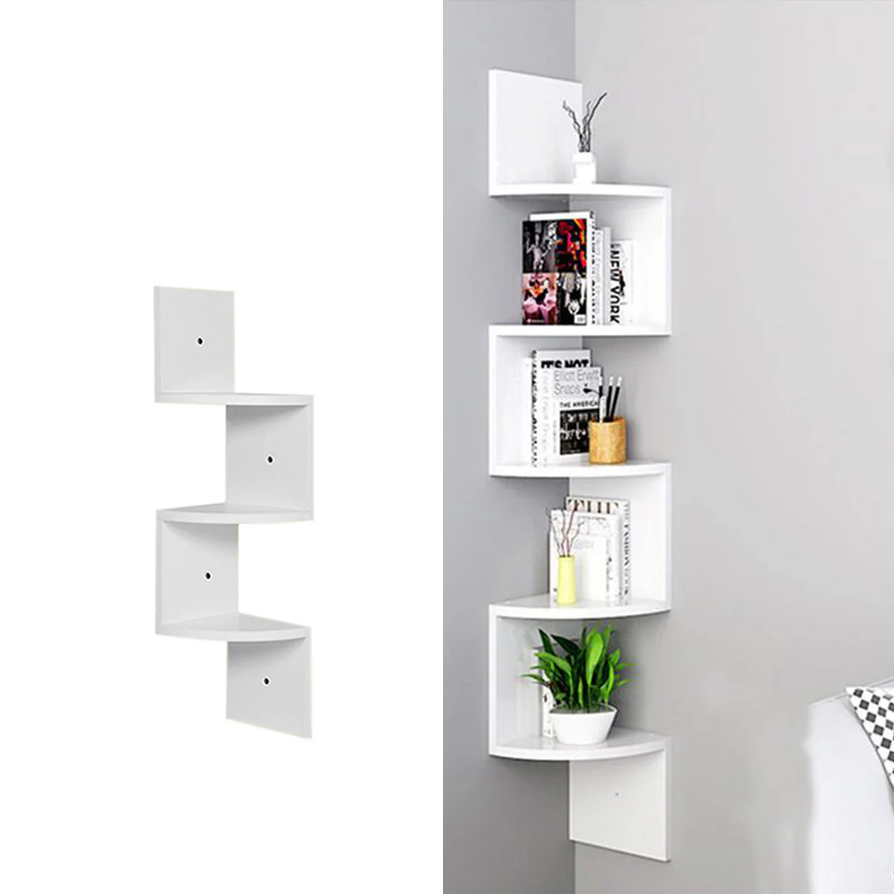 Livingandhome Wooden Zigzag Floating Corner Shelves 3-Tier White - Image 2