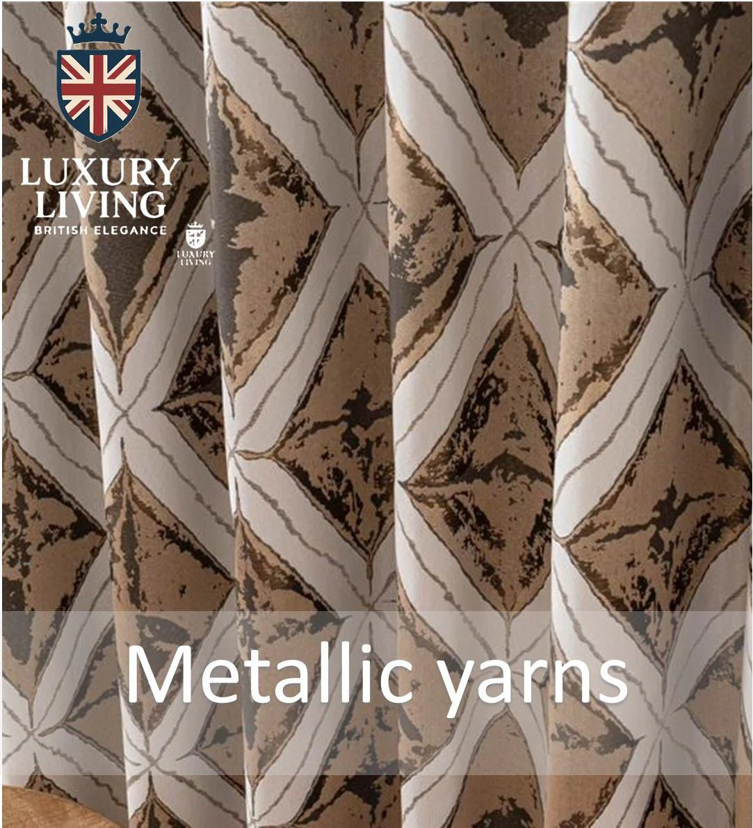 Luxury Diamond Jacquard Fully Lined Ring Top Curtains with Metallic Thread Cream/Gold - Image 3