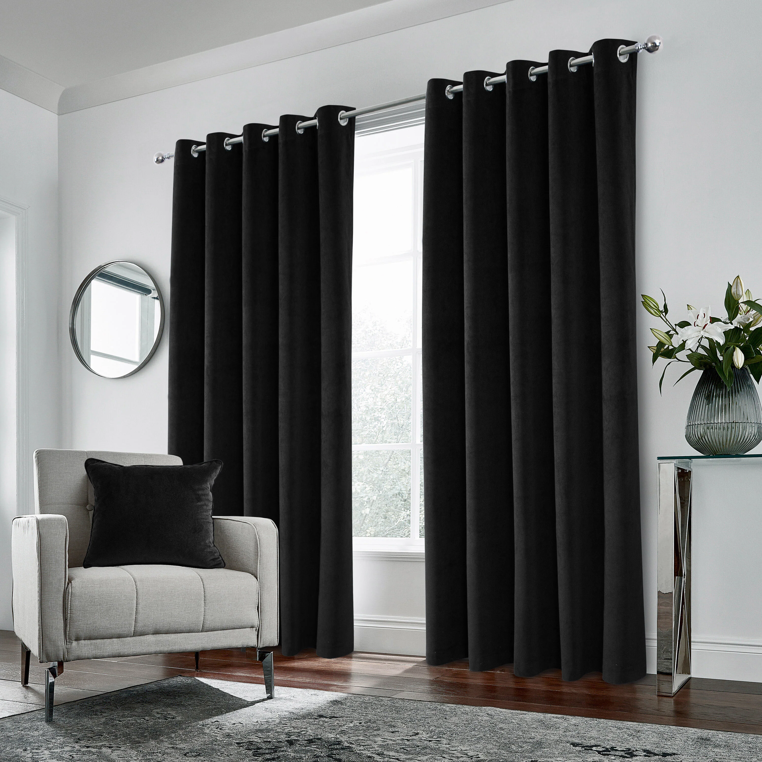 Luxury Enhanced Living Black Velvet, Supersoft, 100% out, Thermal Pair of Curtains with Eyelet Top - Image 2