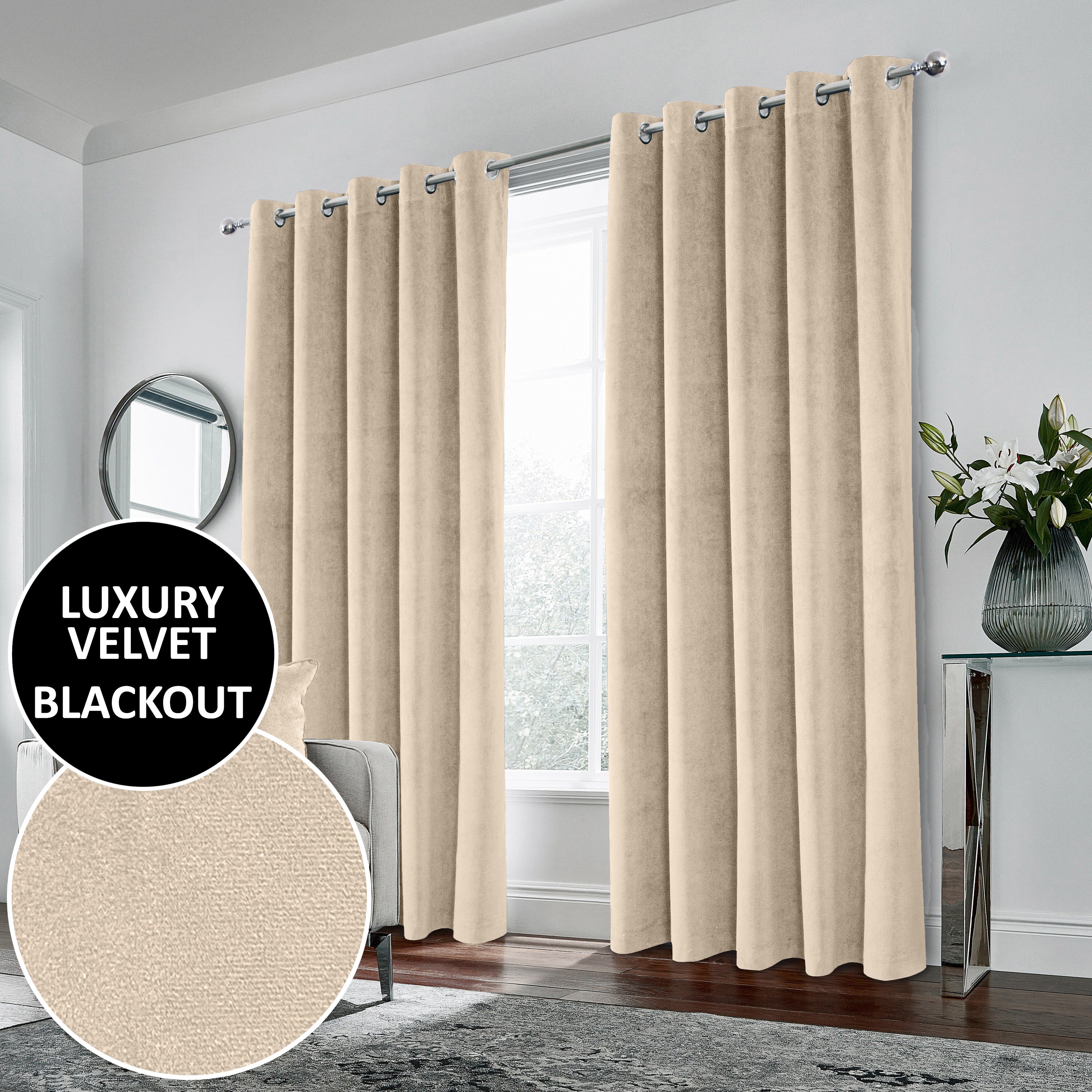 Luxury Enhanced Living Cream Velvet, Supersoft, 100% Blackout, Thermal Pair Of Curtains With Eyelet Top