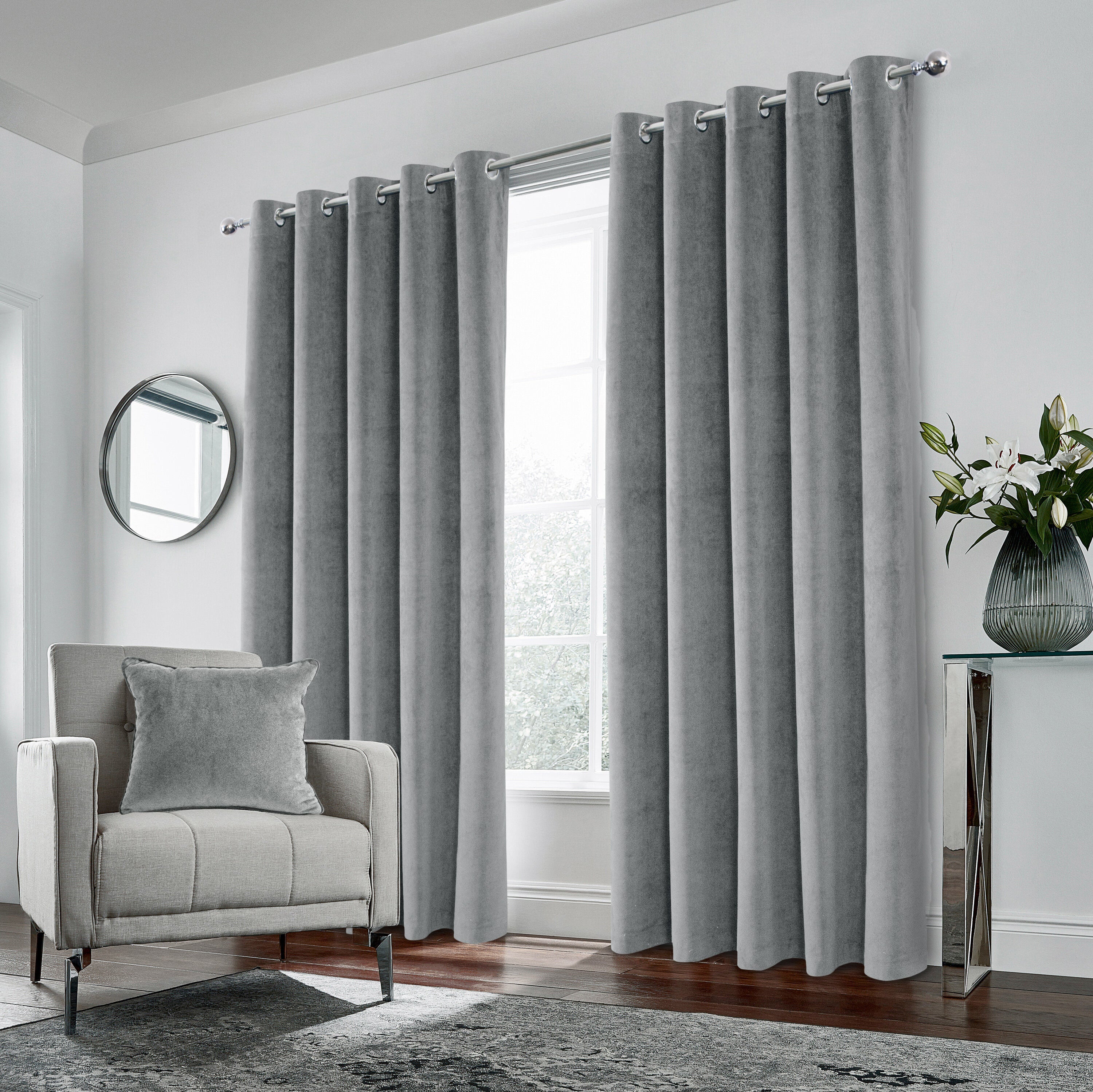 Luxury Enhanced Living Grey Velvet, Supersoft, 100% Blackout, Thermal Pair of Curtains with Eyelet Top - Image 2