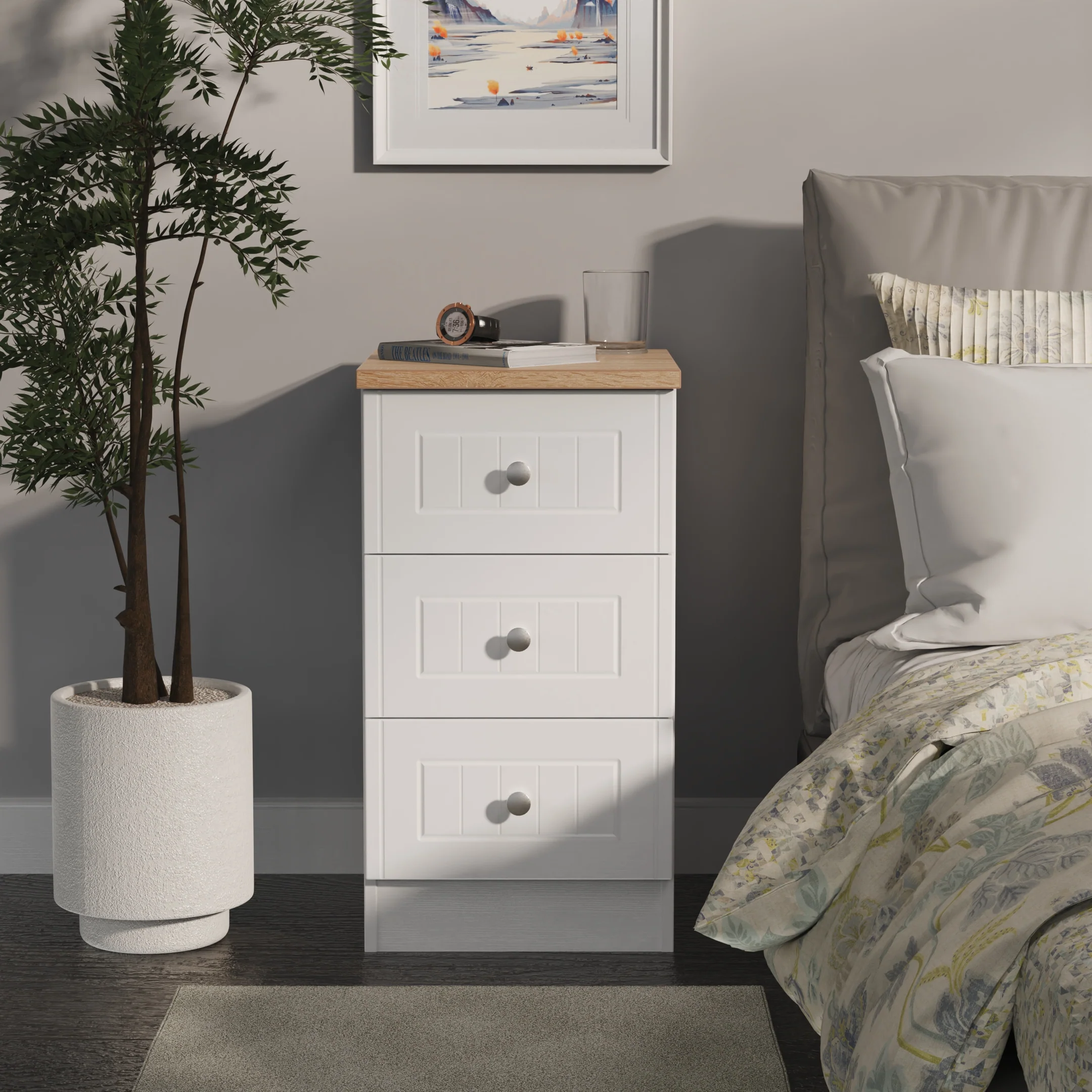 Lynton Ready Assembled 3 Drawer Bedside Cabinet In Porcelain Ash & Bardolino Oak