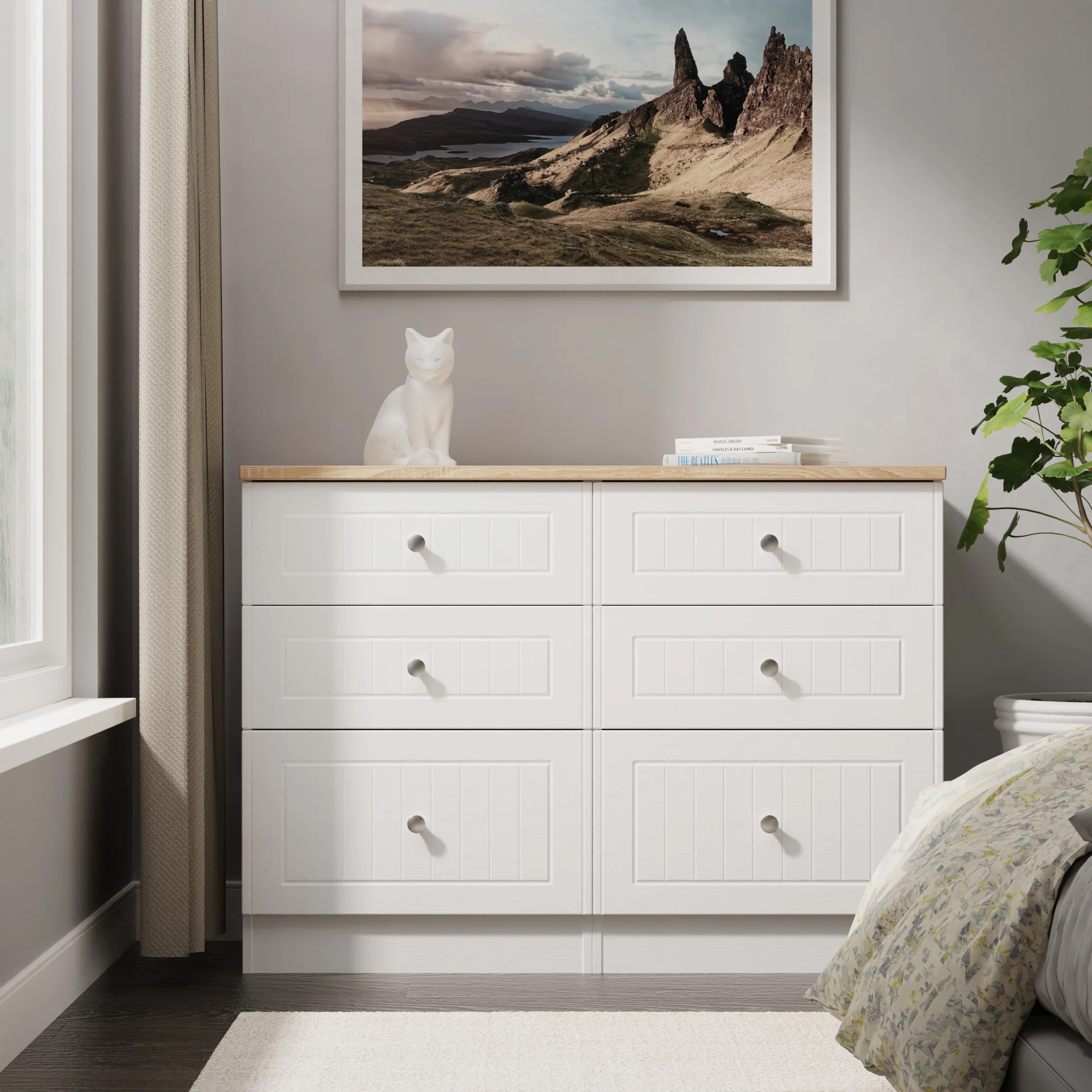 Lynton Ready Assembled 6 Drawer Wide Chest In Porcelain Ash & Bardolino Oak