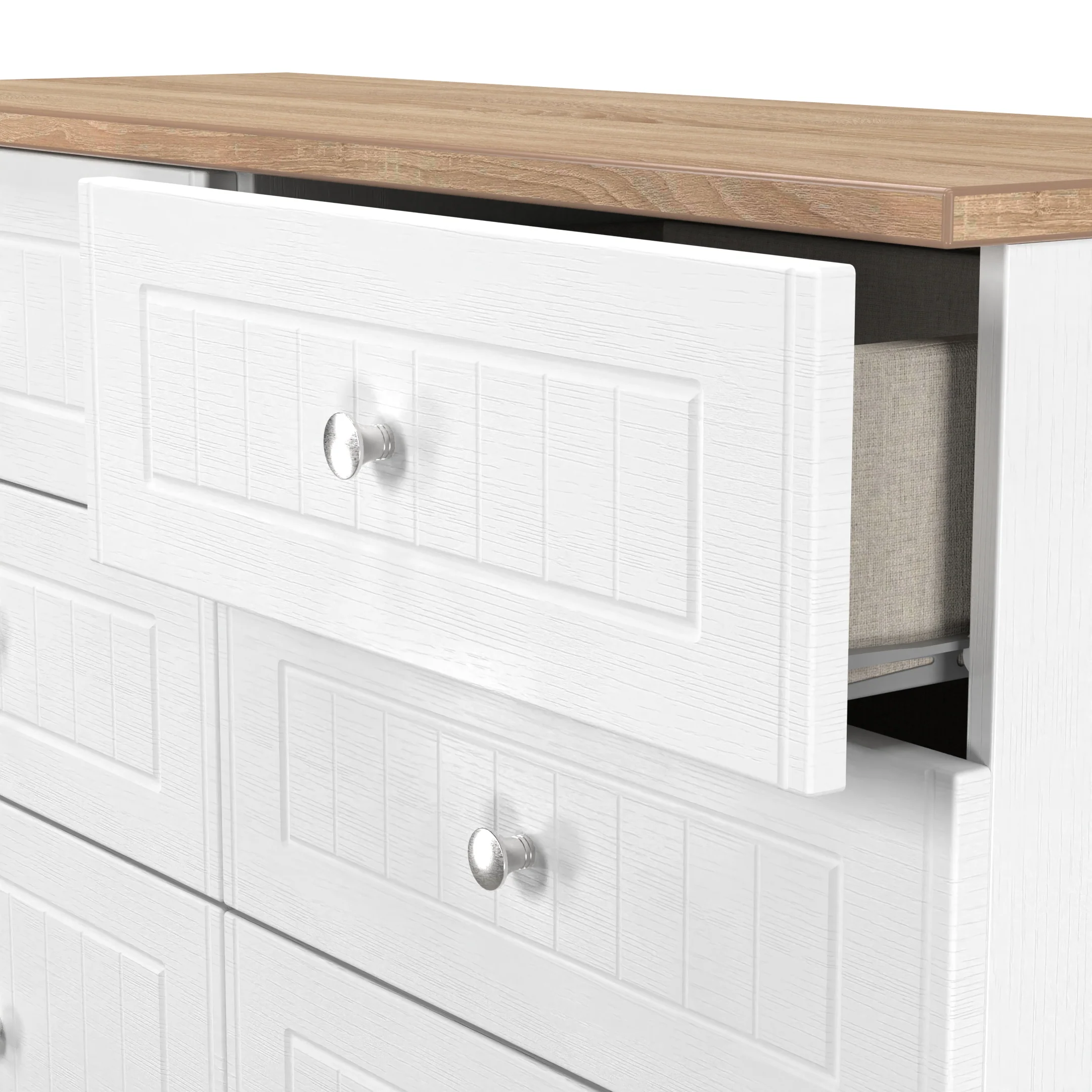 Lynton Ready Assembled 6 Drawer Wide Chest In Porcelain Ash & Bardolino Oak - Image 6