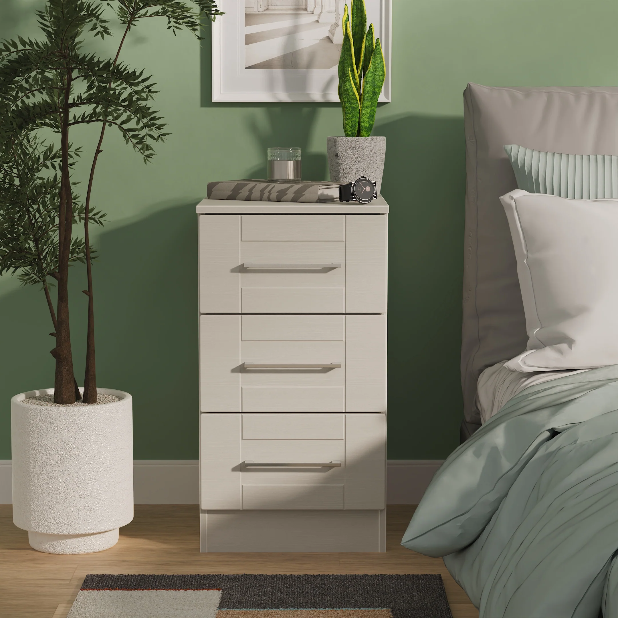 Malton Ready Assembled 3 Drawer Bedside Cabinet in Grey Ash