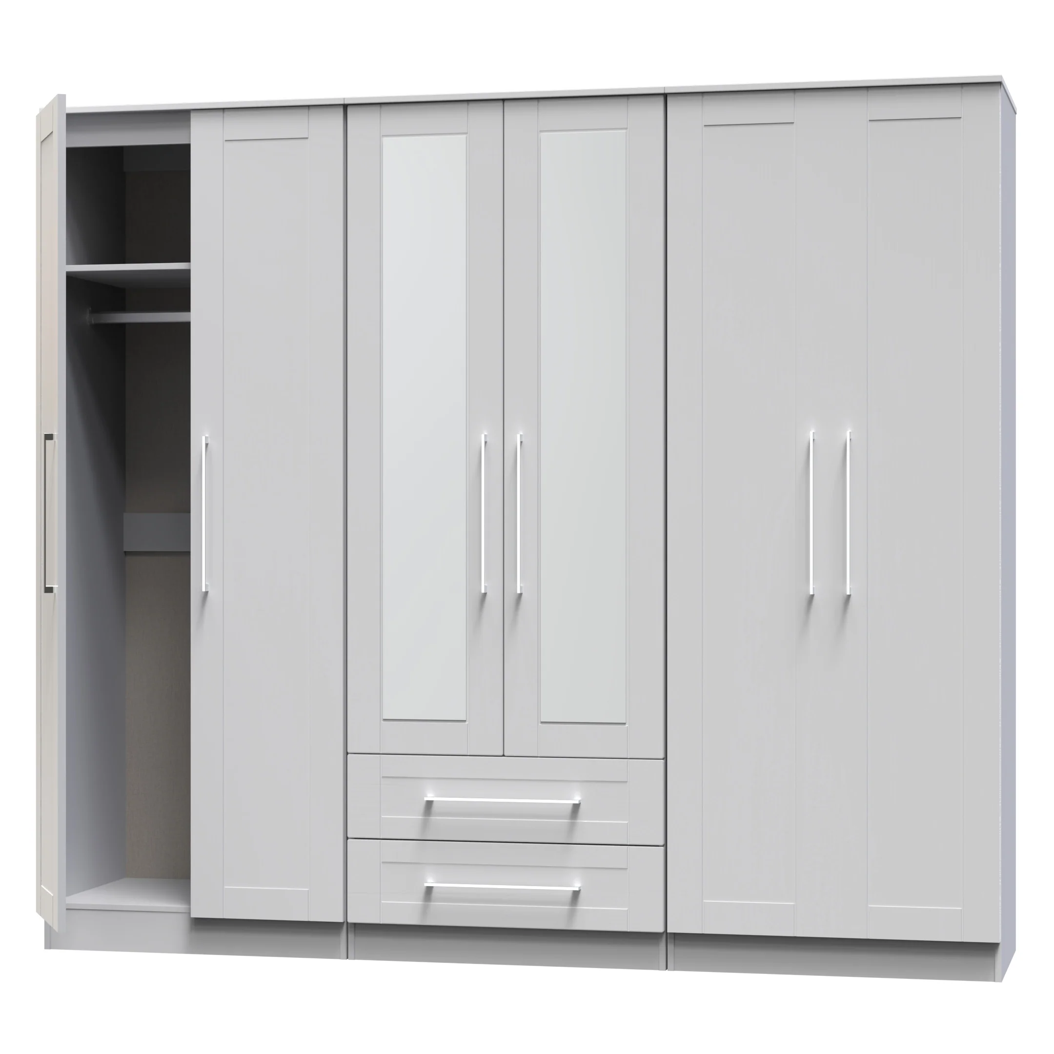 Malton Ready Assembled Tall 6 Door 2 Drawer 2 Mirror Wardrobe in Grey Ash - Image 5