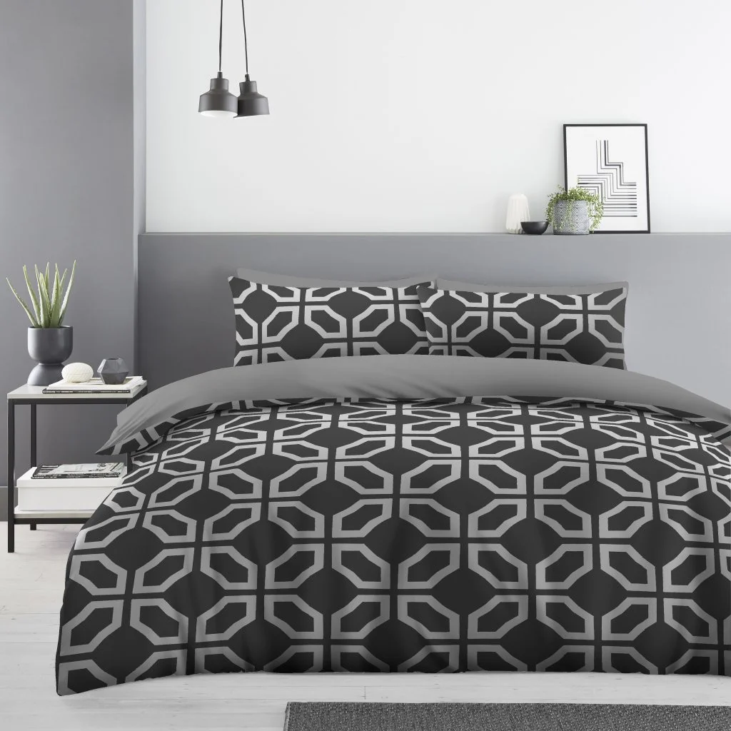 Marcus Geo Printed Duvet Cover Set -  Double & King | Soft Microfibre Easy Care Bedding In Black