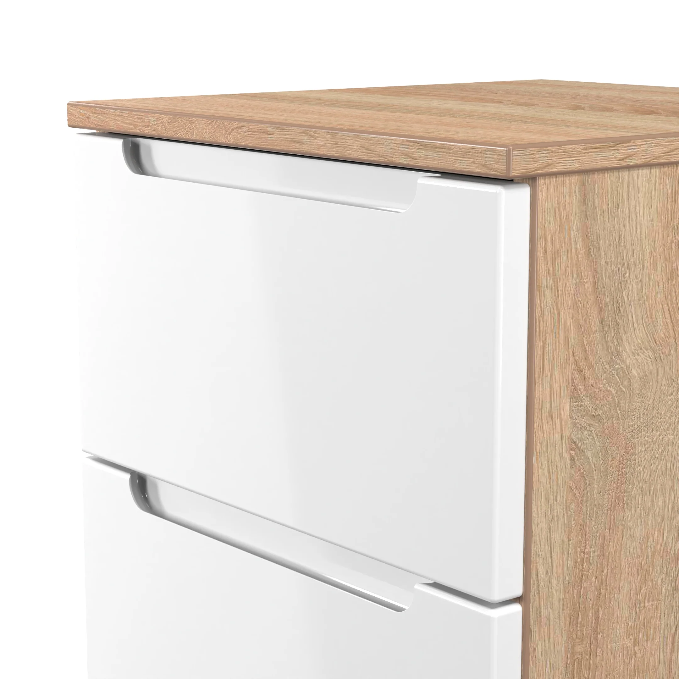 Milan 3 Drawer Bedside in White Gloss & Bardolino Oak - Ready Assembled - Image 5